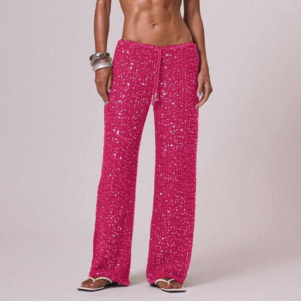 Hot Pink Womens drawstring Wide Leg Crochet sequin coverup pants Trouser